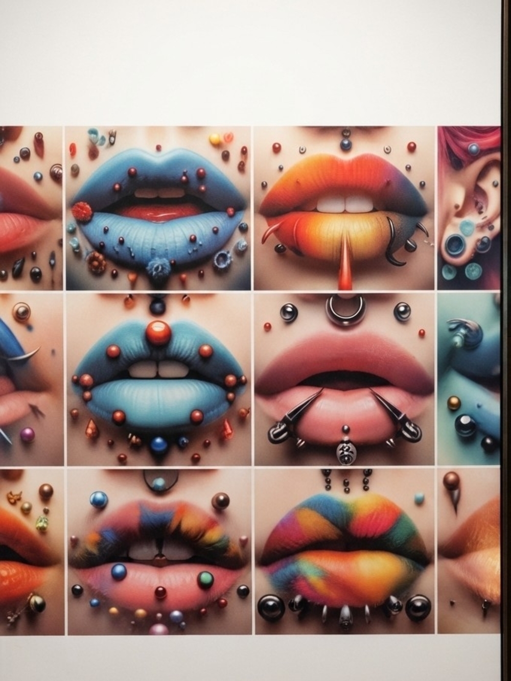 Vibrant Pierced Lips & Alternative Aesthetics Poster — 12-Panel Collage Print